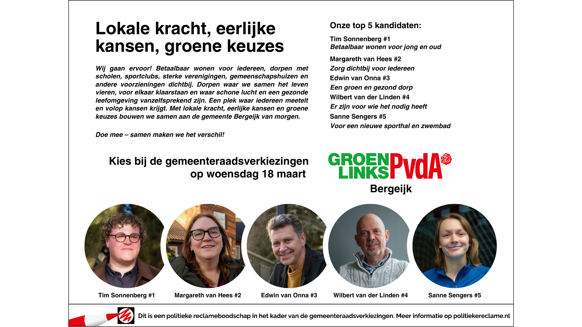 Foto: Top 5 kandidaten GroenLinks-PvdA Bergeijk