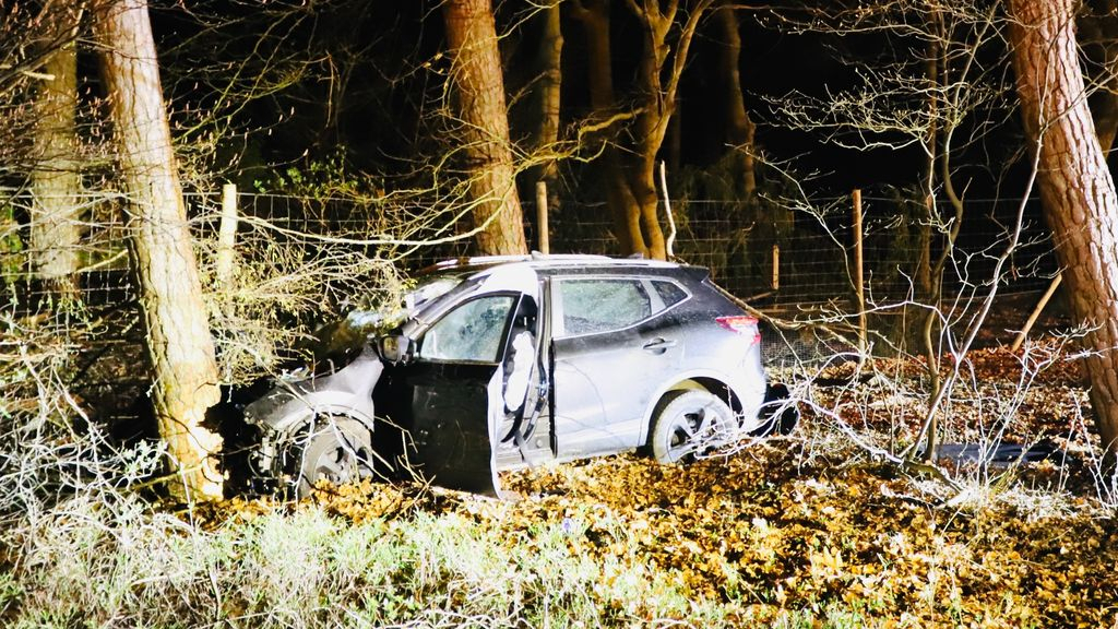 Foto: Automobilist rijdt achterop vrachtwagen en komt tegen boom tot stilstand