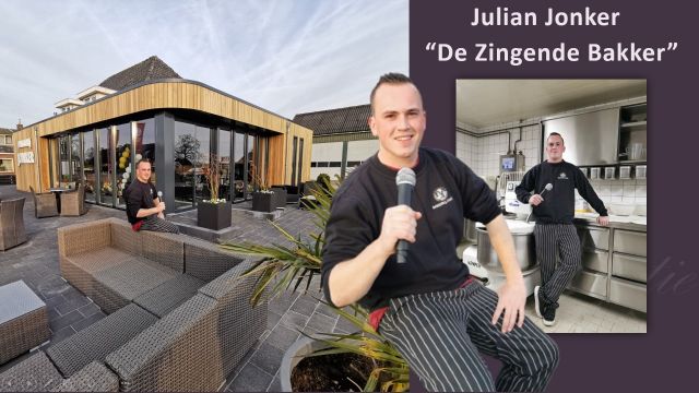 Foto: Zingende bakker Julian Jonker op het Oranjepodium tijdens Koningsavond