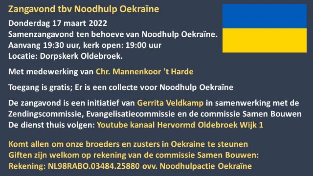 Foto: Zangavond in de Dorpskerk Oldebroek ten bate van Noodhulp Oekraïne