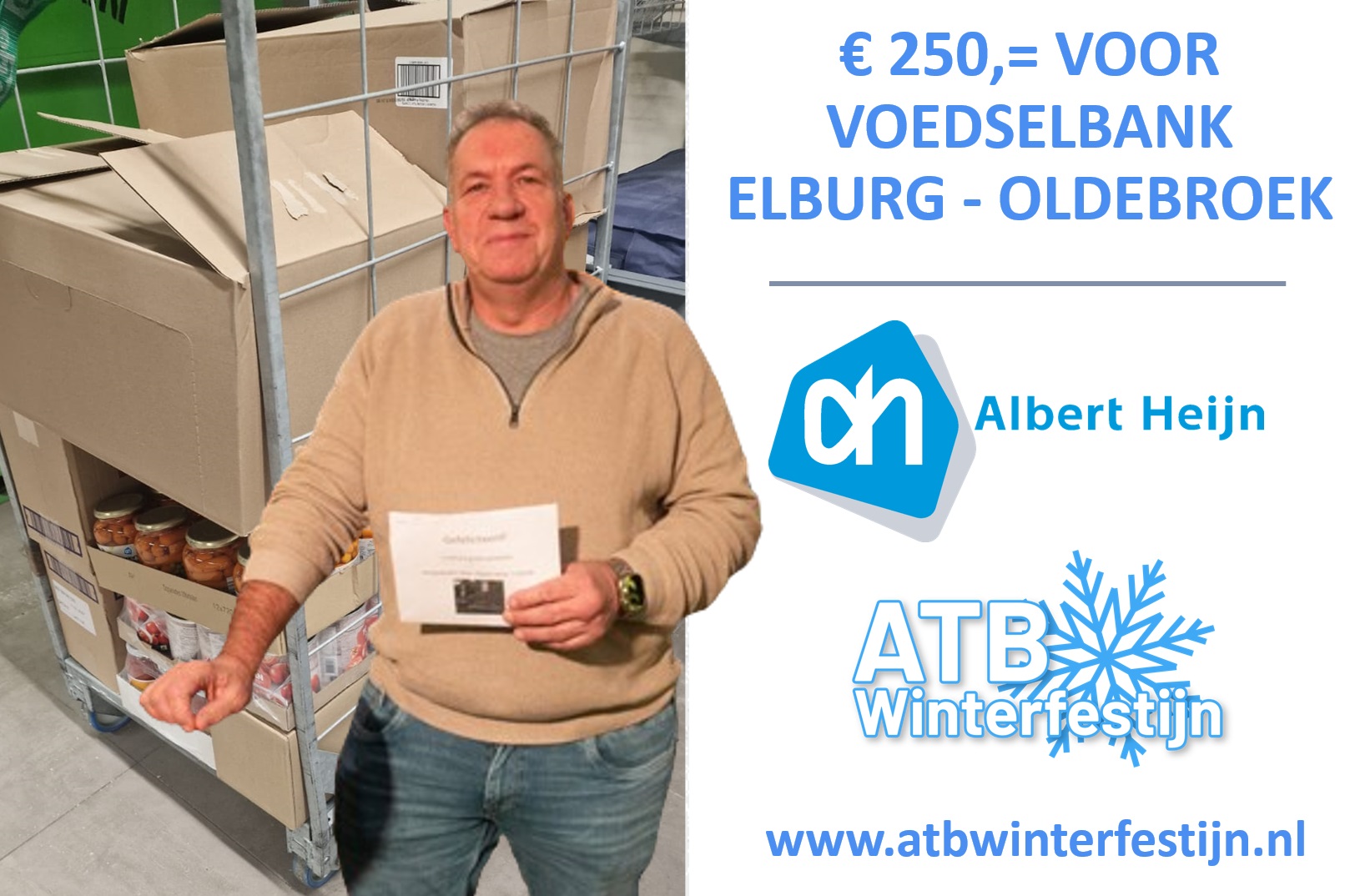 Foto: Peter Zuman schenkt gewonnen prijs aan de Voedselbank Elburg-Oldebroek