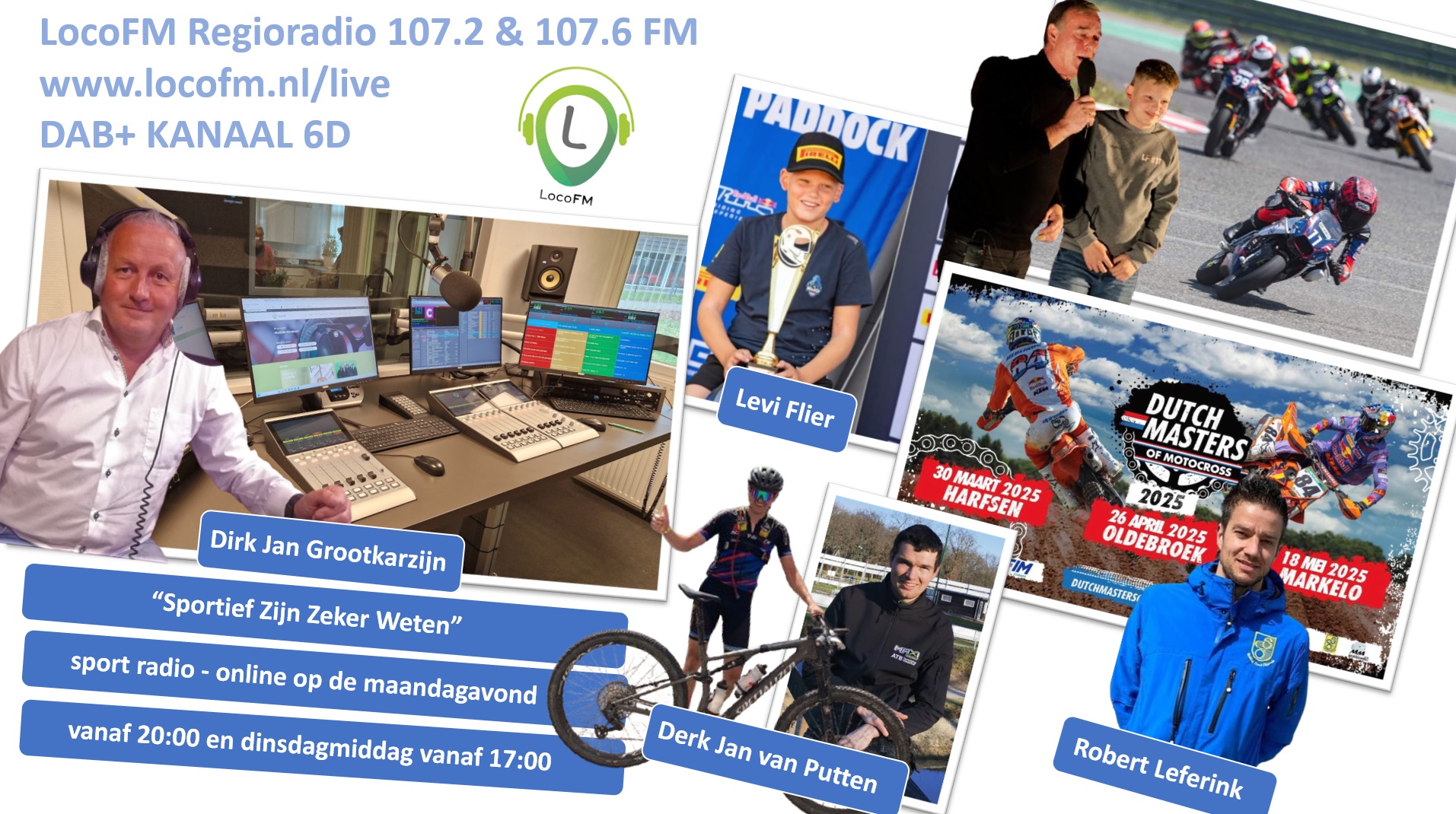 Foto: Motorcoureur Levi Flier en Robert Leferink en Derk Jan van Putten bij Sportief Zijn Zeker Weten