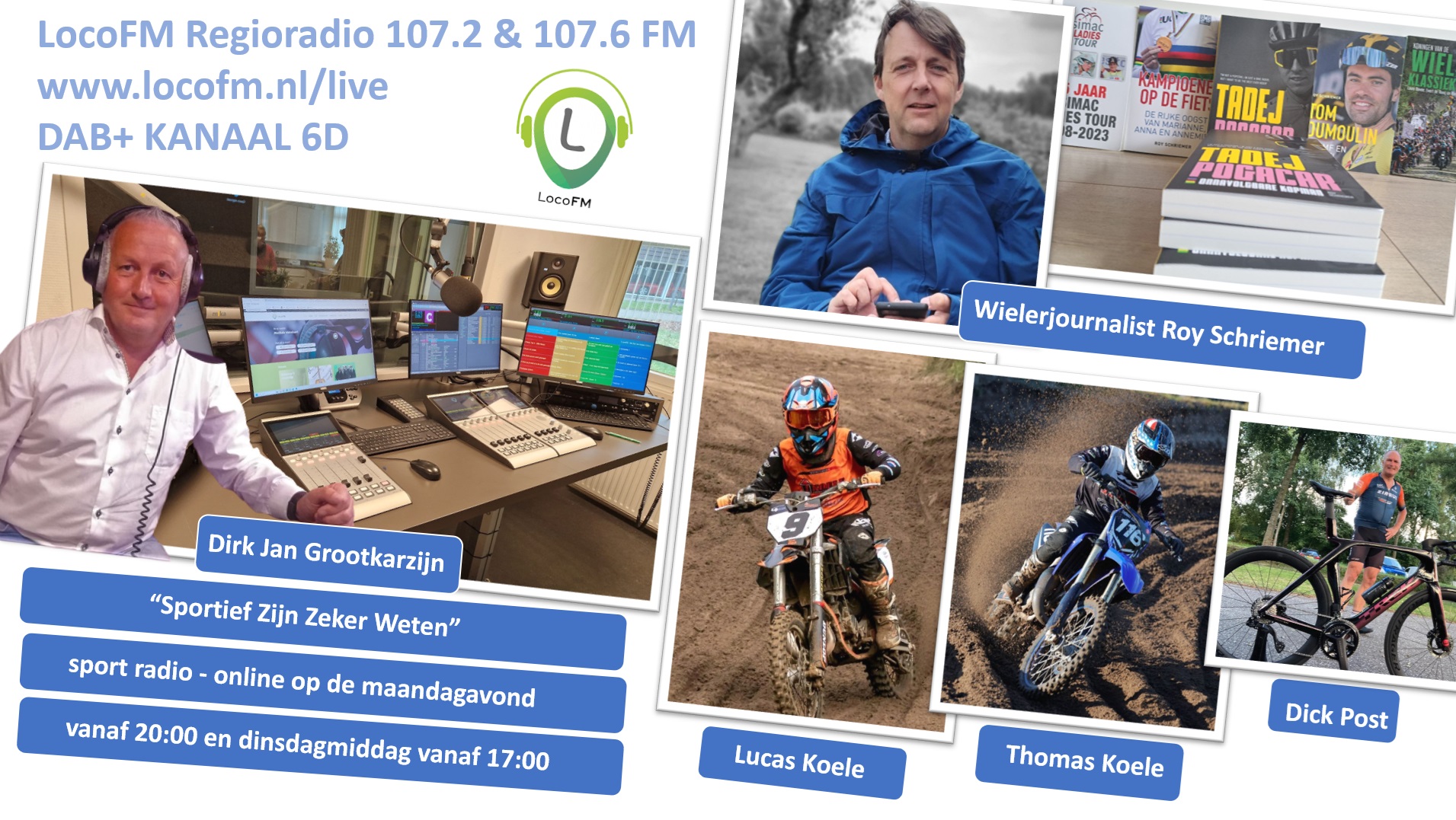 Foto: Motorcrossers Lucas en Thomas Koele, wielerjournalist Roy Schriemer en organisator en wielrenner Dick Post in Sportief Zijn Zeker Weten