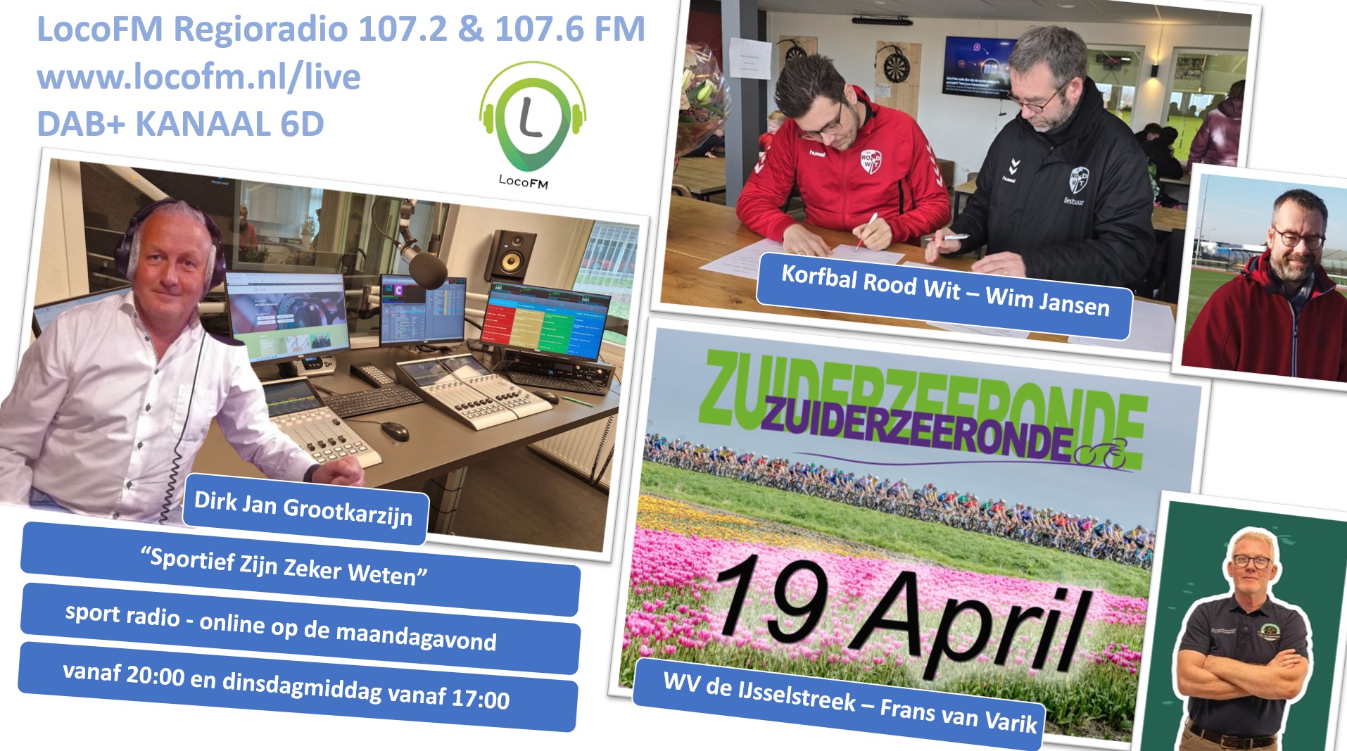 Foto: Voorzitter Korfbalvereniging Rood Wit Wim Jansen en Frans van Varik namens de Zuiderzeeronde te horen in Sportief Zijn Zeker Weten