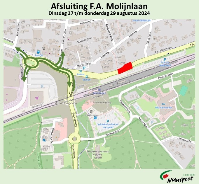 Foto: Afsluiting F.A. Molijnlaan tussen Stationsplein en Spoorlaan van 27 tot en met 29 augustus
