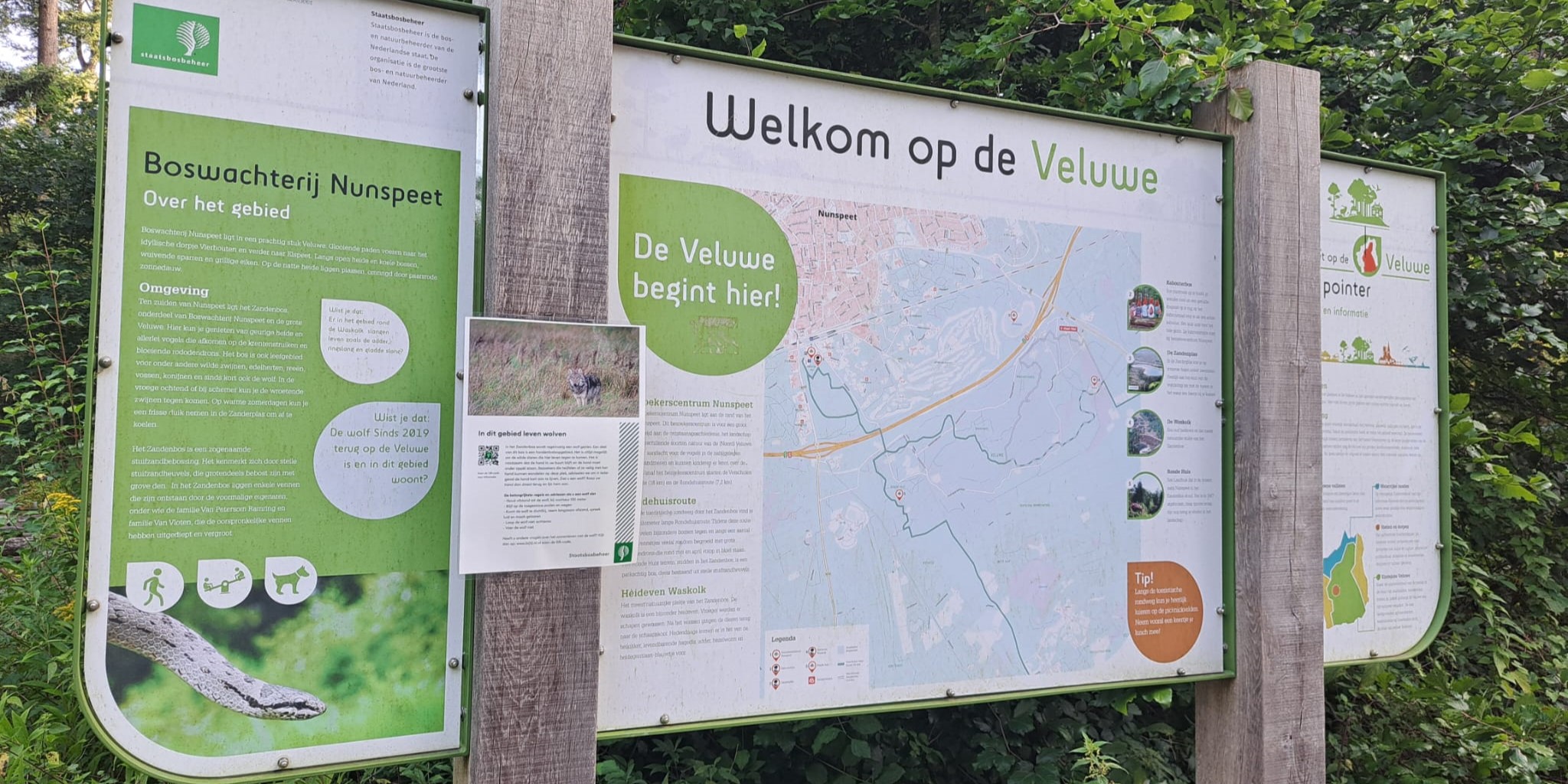 Foto: Informatieposters waarschuwen bezoekers Zandenbos voor wolf