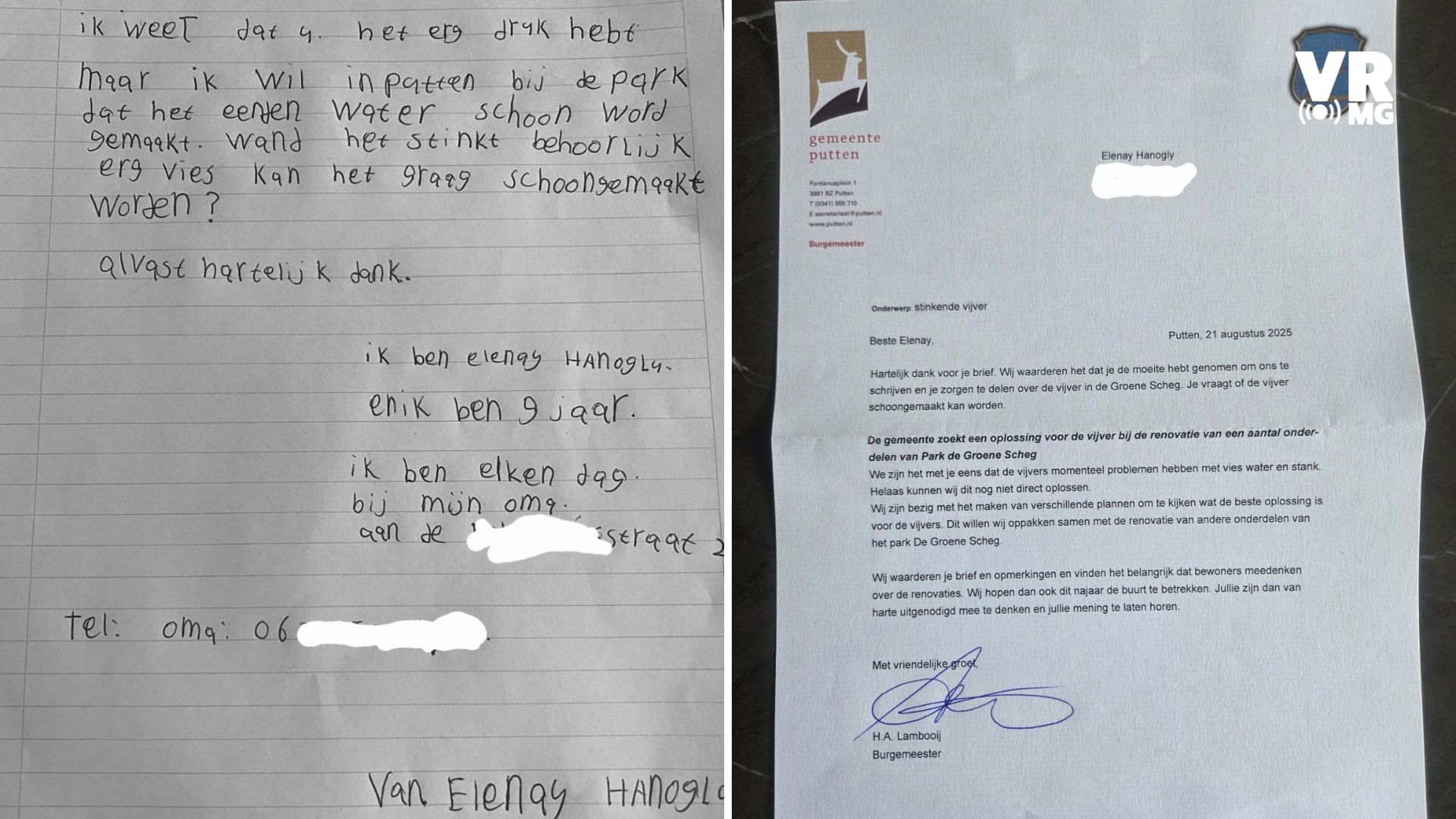 Foto: Elenay (9) uit Putten schrijft over stinkende vijver naar burgemeester en krijgt antwoord