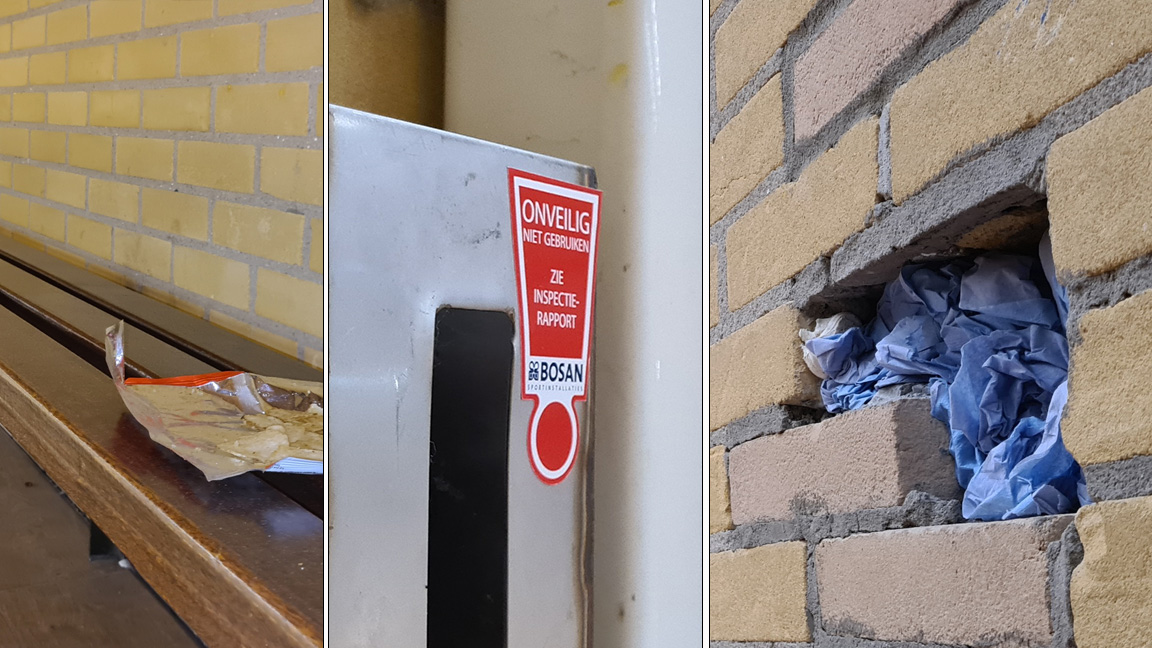 Foto: Onveilig verklaard materiaal, stoffige vloeren en kapotte muren in Nijkerkse sporthallen: ‘Eigenlijk kan het niet meer’