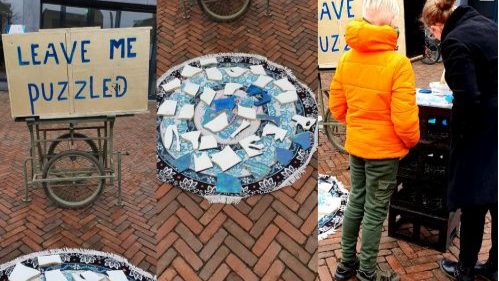 Foto: Kunstproject 'Leave me puzzled' op het Molenplein in Nijkerk, onthulling op 6 januari.